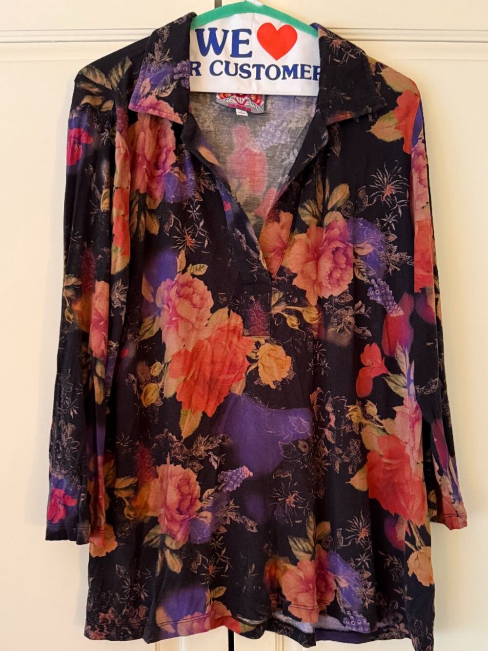 Johnny Was Black/floral pattern collared shirt, L, Preowned Good Condition